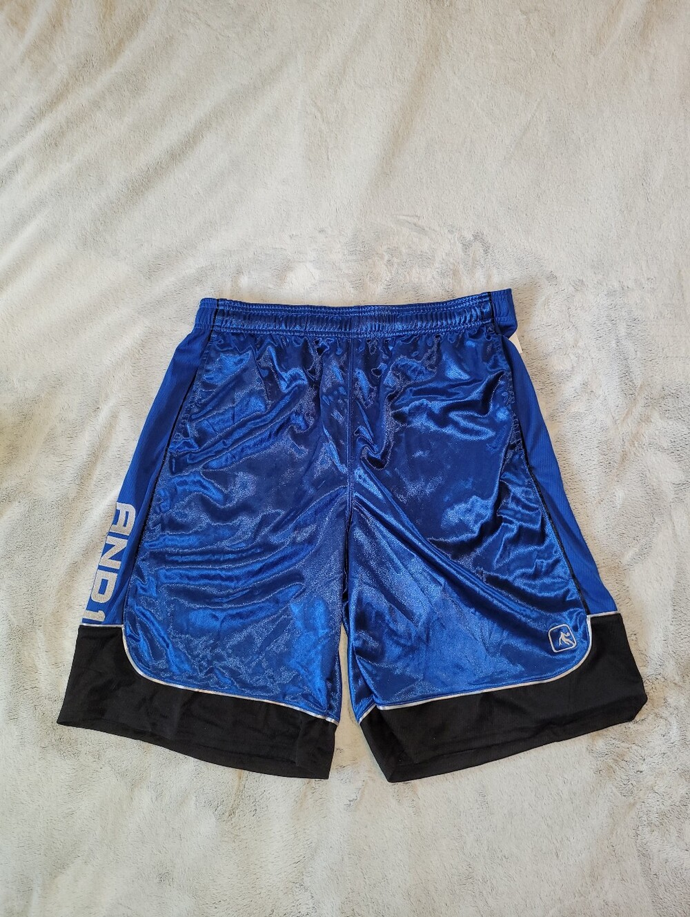 AND1 Mens Large Basketball Shorts Silky Dazzle Shiny Blue Black Athletic Gym